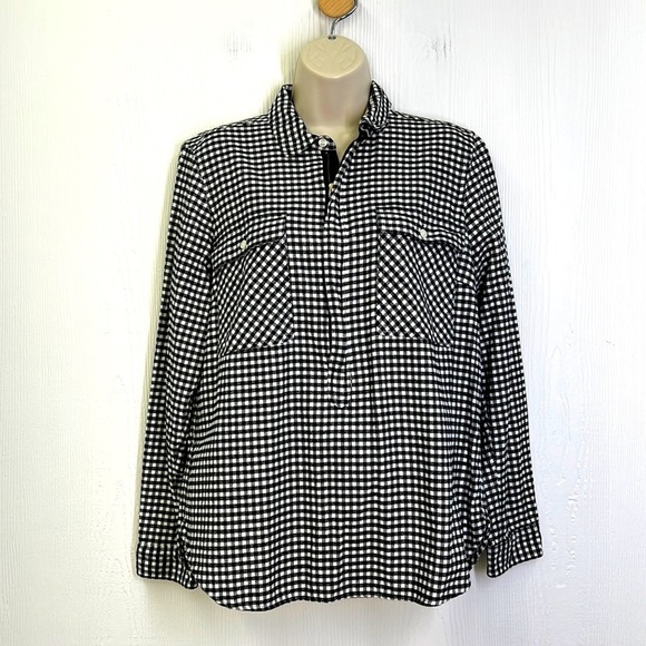 J. Crew Tops - J Crew - Mercantile Black & White Gingham Plaid Half Zip Flannel Top Small